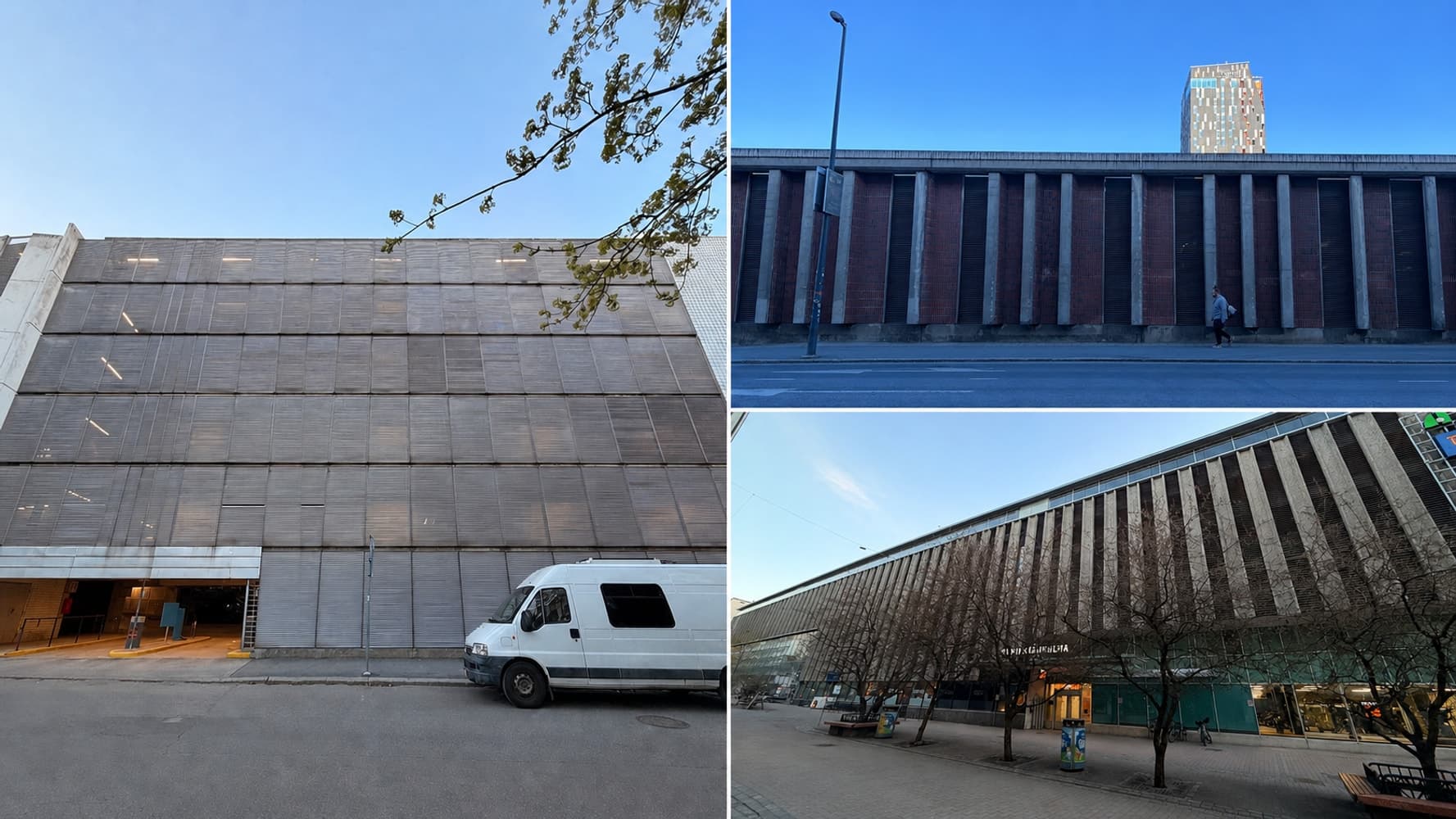 Kuvasin Tampereen keskustan parkkitalot. Nykyään parkkitalot ovat hieman hienompia, mutta perusongelma ei poistu: Ne tekevät kaupunkitilasta helposti pitkää, suljettua ja passiivista seinää.