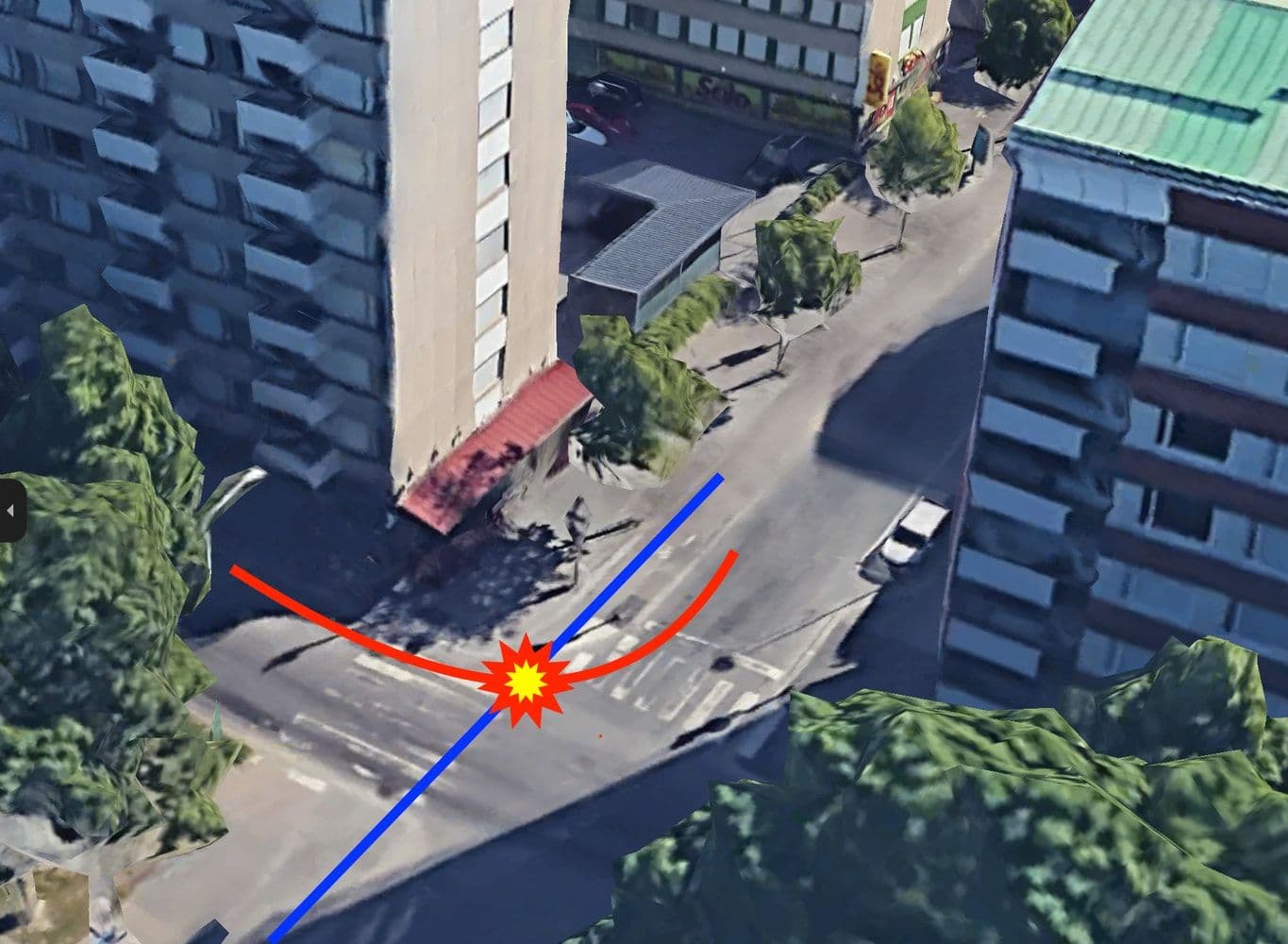 Hylätyssä vaihtoehdossa pyörällä kulkevilla on riski jäädä raskaan liikenteen kuolleeseen kulmaan Hämeenpuiston risteyksessä