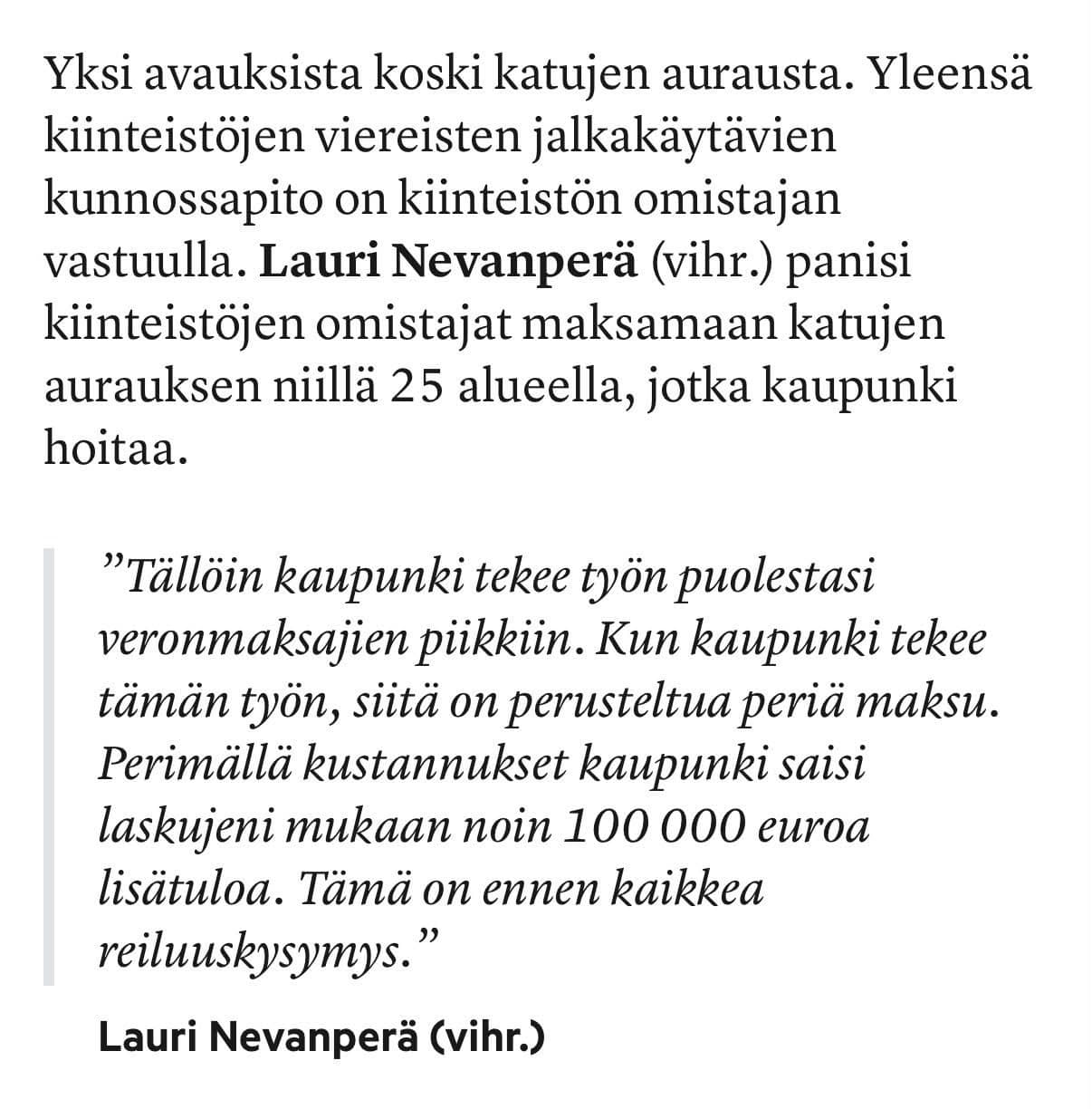 Lehtileike mediaosumasta “Ehdotus katujen aurauksesta perittävästä maksusta”