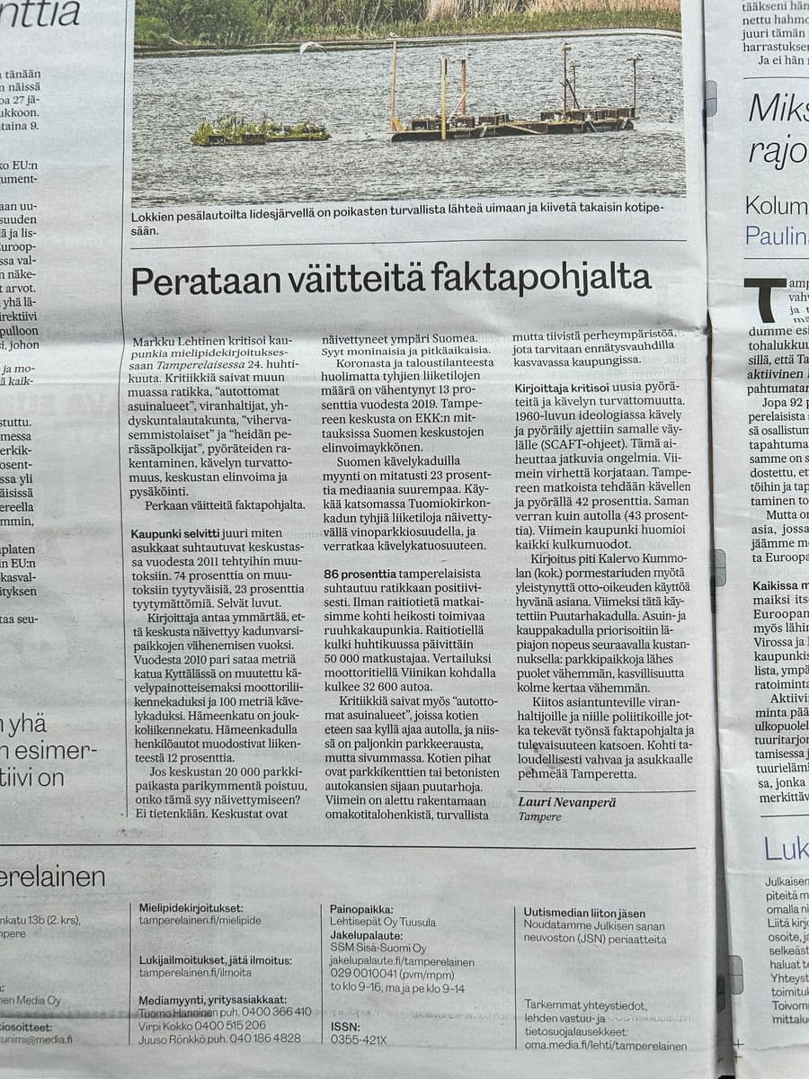 Lehtileike mediaosumasta “Perataan väitteitä Tampereen liikenteestä faktapohjalta”